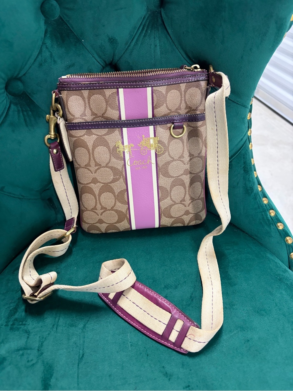 Coach Tan Signature Crossbody with Purple Center Stripe